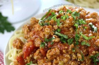 plated Homemade Pasta Sauce on spaghetti with parmesan