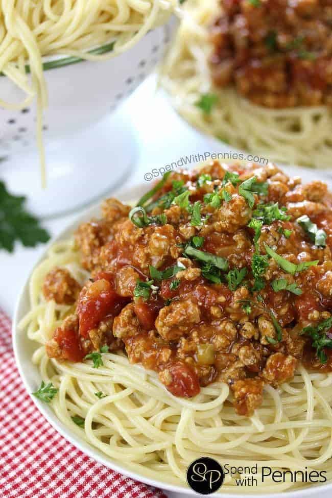 plated Homemade Pasta Sauce on spaghetti with parmesan