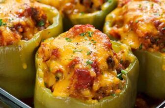 Stuffed Peppers in clear glass baking dish