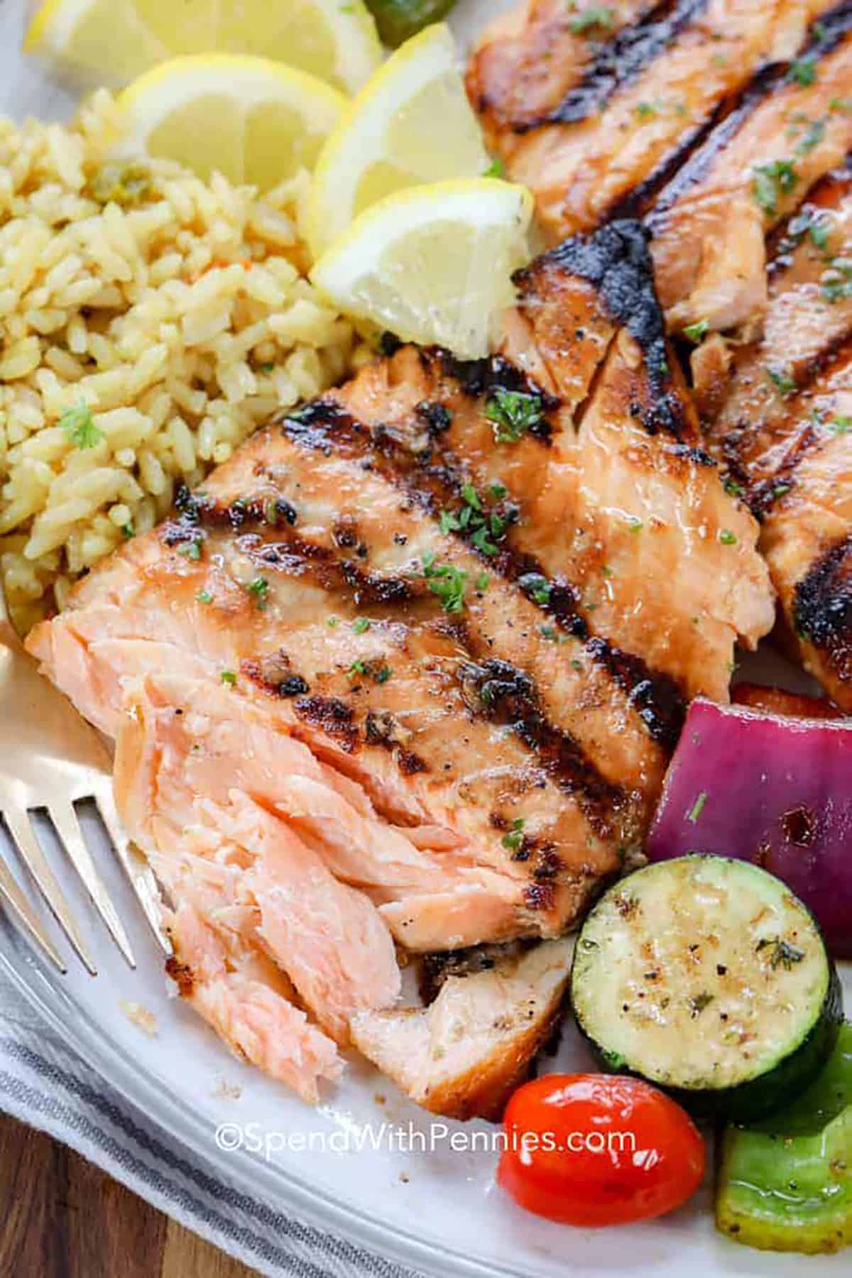 plated Easy Grilled Salmon with rice and vegetables