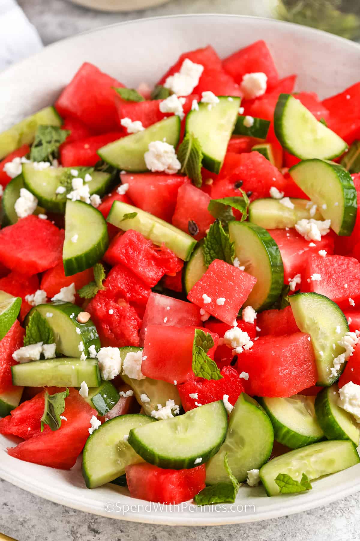 close up of Easy Watermelon Salad in a bowl