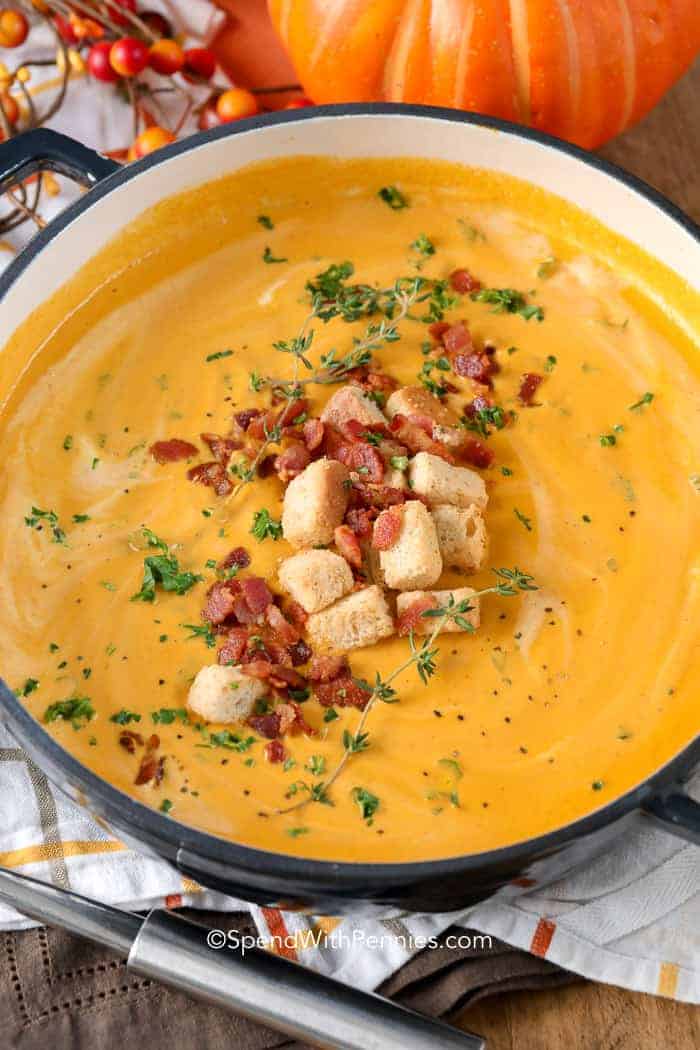 Overhead shot of Pumpkin Soup in pot