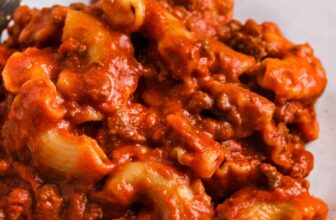 close up of Homemade Beefaroni