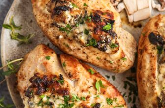 Salisbury Steak topped with mushrooms and sauce