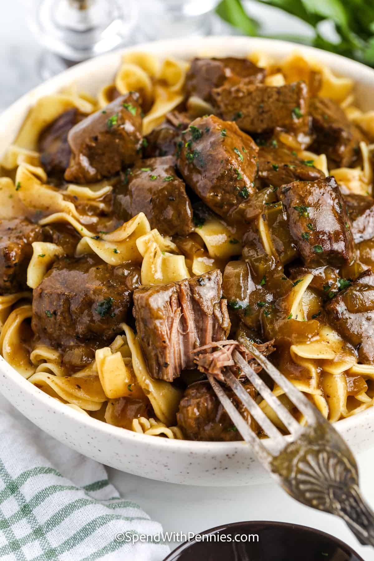 beef and noodles with as fork