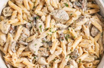 Mushroom chicken with pasta prepared in a frying pan