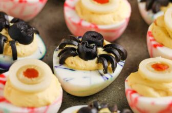 close up of Halloween Deviled Eggs on a plate