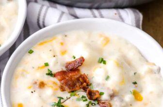 A bowl of creamy potato soup garnished with cheese and bacon