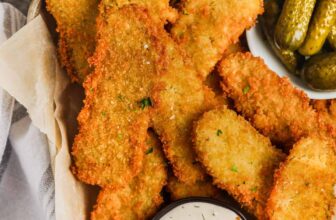 plated Crispy Fried Dill Pickles with dip