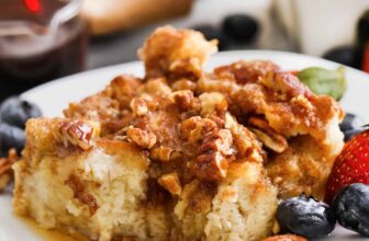 plated slice of French Toast Casserole with fruit
