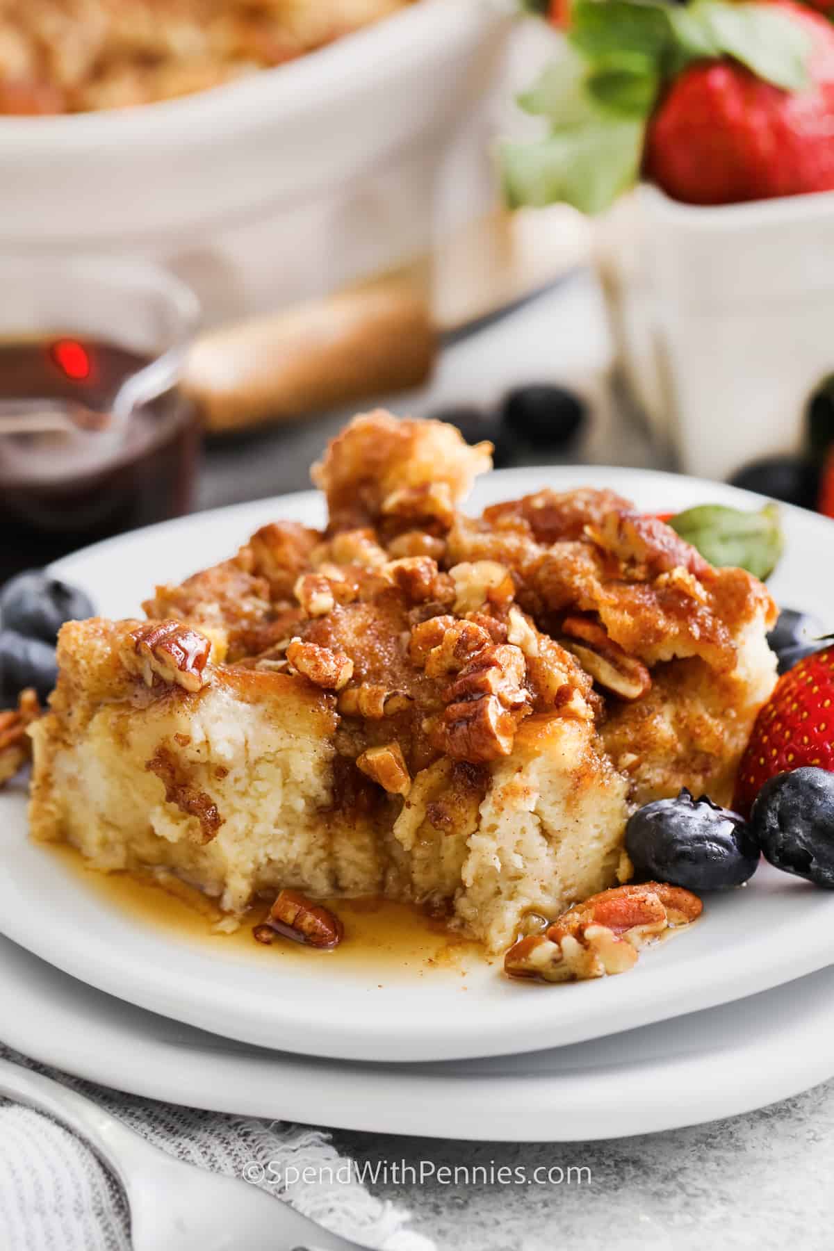 plated slice of French Toast Casserole with fruit