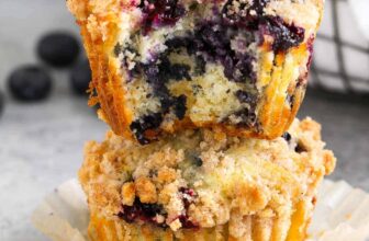 Blueberry muffins with a streusel topping stacked