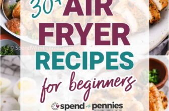 4 air fryer chicken breasts on a plate with green beans in the background