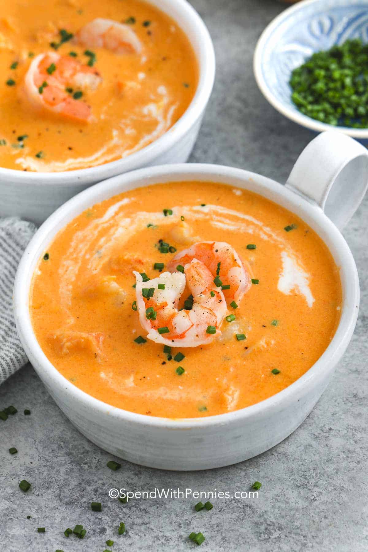 a bowl of shrimp bisque with shrimp and chives on top