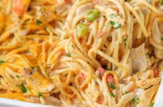 chicken spaghetti in a baking dish