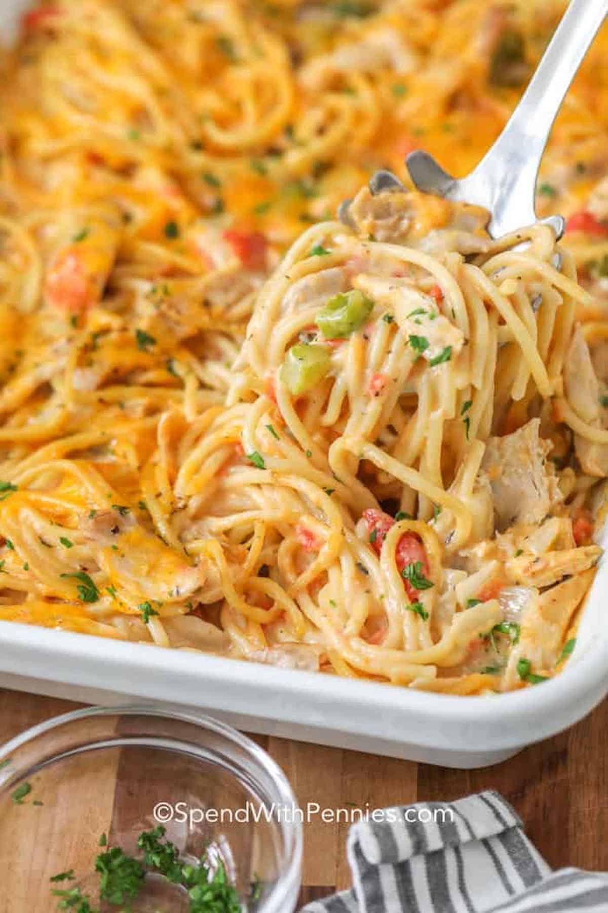 chicken spaghetti in a baking dish