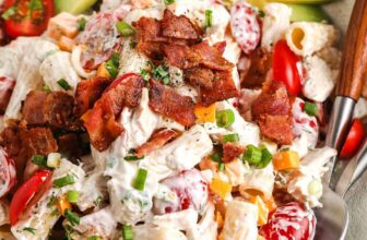 Bacon Ranch Pasta Salad with tomatoes and avocado